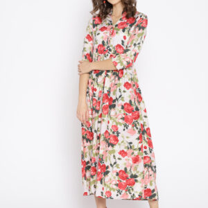 Women Off-White & Red Floral Print Maxi Dress