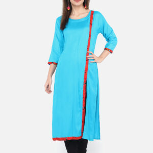 BLUE WITH RED STRIP 3/4TH SLEEVE RAYON KURTI