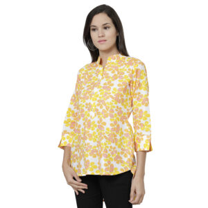 Casual cotton Slit sleeve floral Printed Women Yellow Top